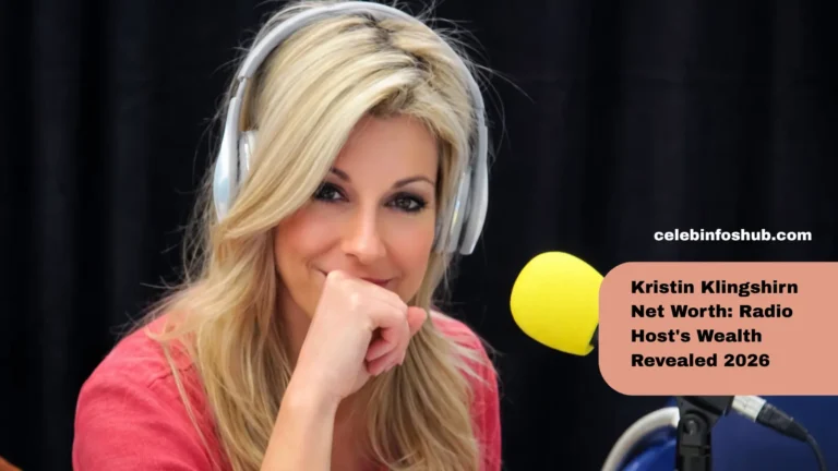 Kristin Klingshirn Net Worth – blonde radio host wearing headphones in a podcast studio, smiling near a yellow microphone during a live broadcast.