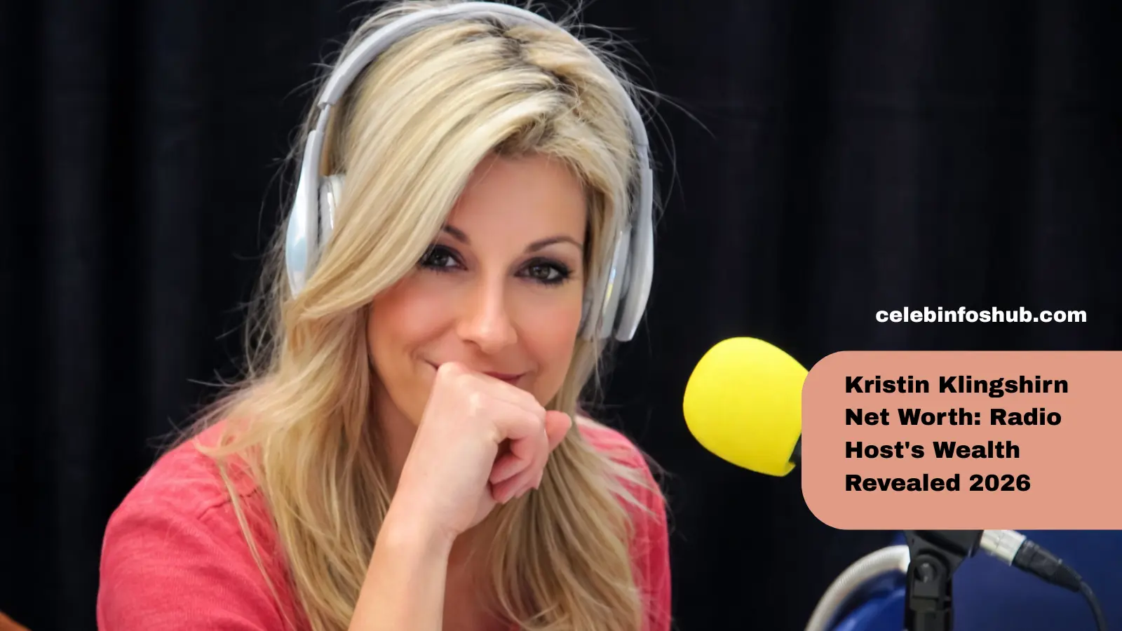 Kristin Klingshirn Net Worth – blonde radio host wearing headphones in a podcast studio, smiling near a yellow microphone during a live broadcast.