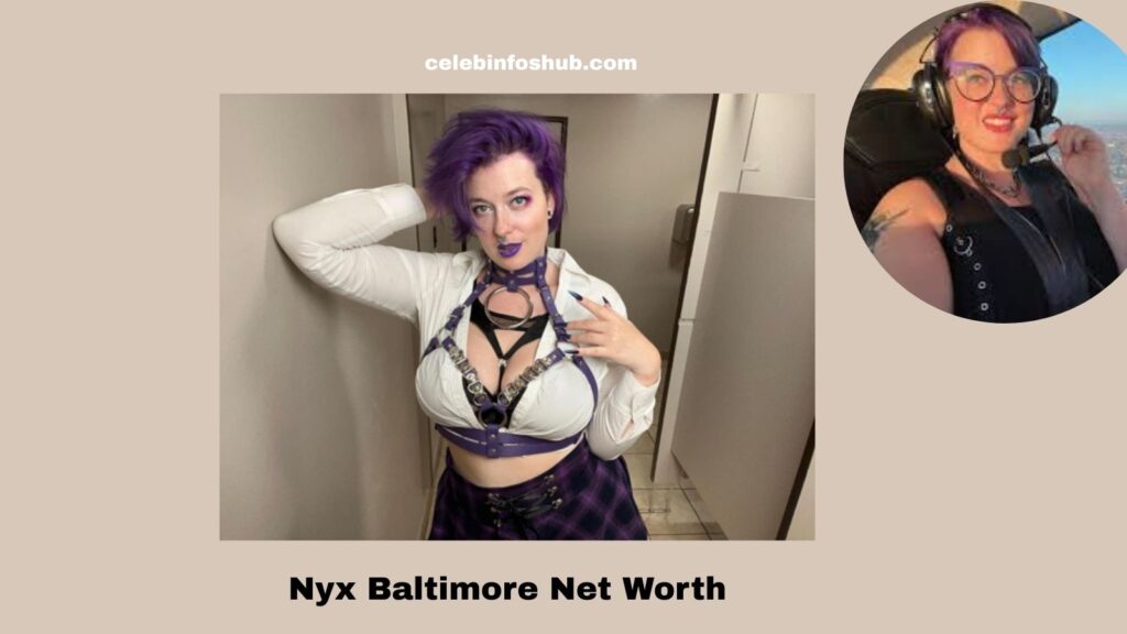 Close-up rooftop portrait of a woman with vibrant purple hair and bold makeup against a glowing city skyline at sunset, styled in edgy fashion – Nyx Baltimore Net Worth inspired image.
Enhanced-color evening city backdrop highlighting dramatic lighting and confident expression, perfect for content related to Nyx Baltimore Net Worth.