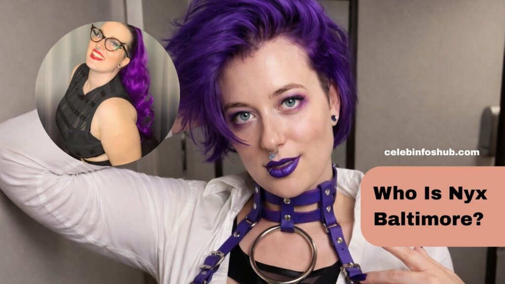 Confident woman with vibrant purple hair and bold makeup posing indoors, wearing a stylish harness and white shirt – Nyx Baltimore inspired look.
Close-up portrait with enhanced colors highlighting purple tones and edgy fashion aesthetic, Nyx Baltimore style branding image.