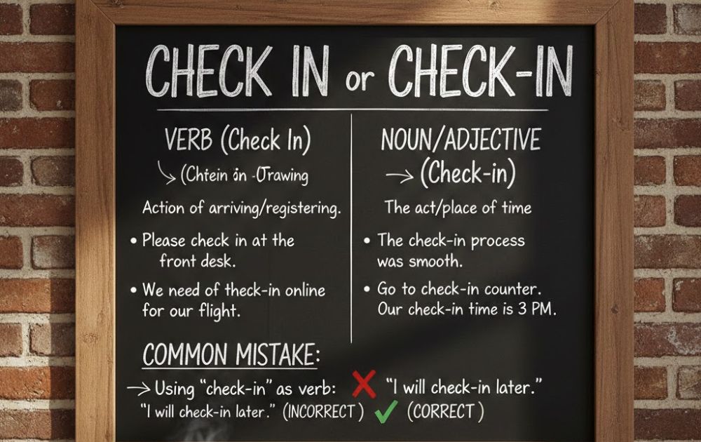 Check In or Check-In: Correct Usage, Meaning, and Common Mistakes